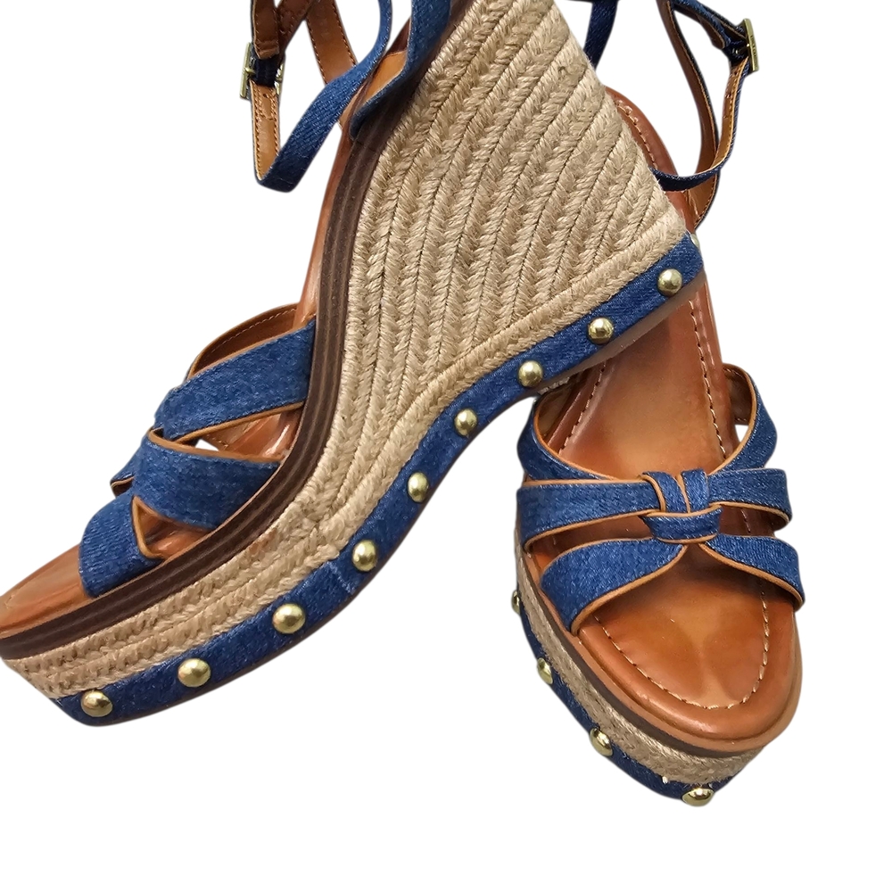 Steve Madden Blue and Tan Wedge Sandals
